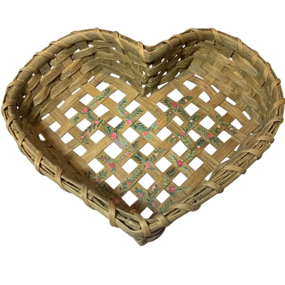 Handmade Vintage Heart Basket with Hand painted Florals Country Farmhouse